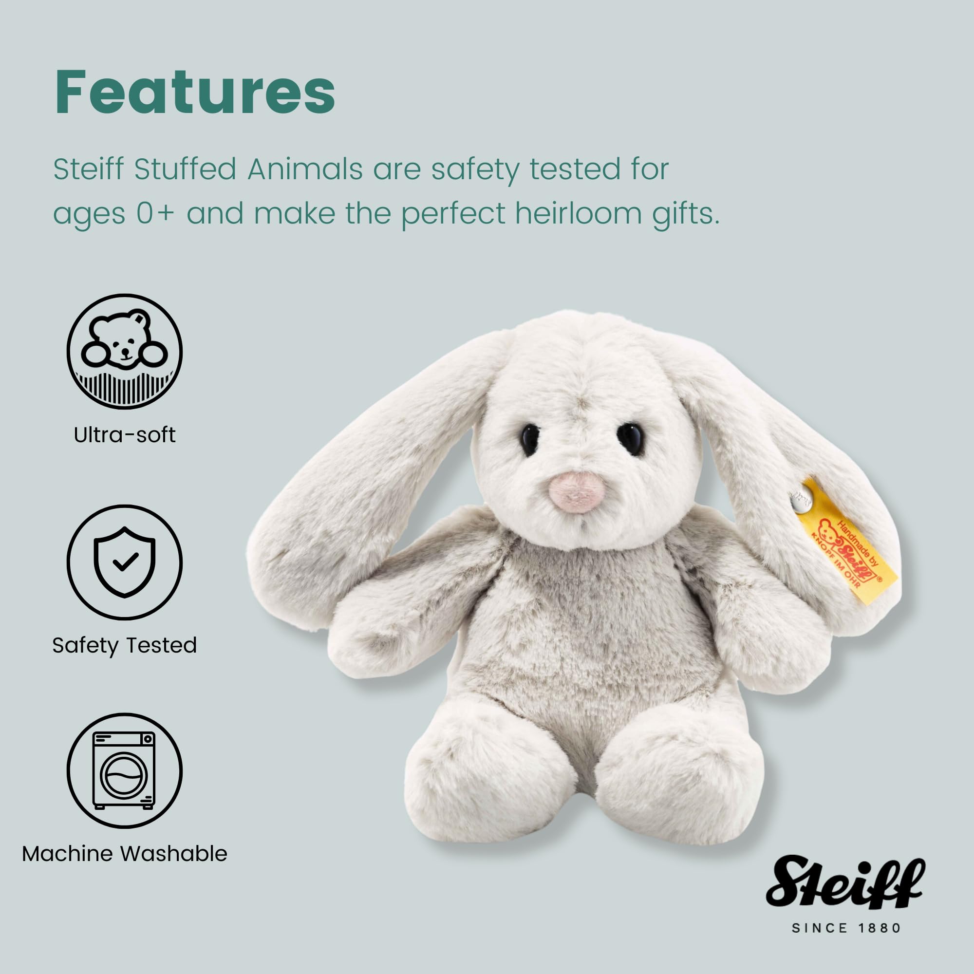 Steiff Hoppie Hase 18 cm hellgrau, Plüschtier Hase mit Schlappohren, Soft Cuddly Friends, flauschiges Stofftier zum Kuscheln